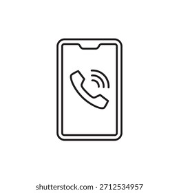 Icono de línea de un teléfono inteligente que suena con una notificación de llamada.