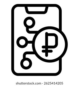 Line icon of a smartphone showing ruble symbol connected to digital network representing online banking and finance operations