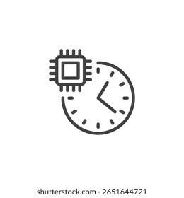 Line icon of a smartwatch with embedded AI chip. Outline vector symbol of wearable tech and on-device AI. Modern technology icon for innovation symbol.