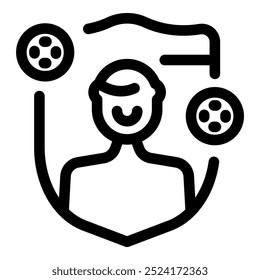 Ícone de linha de um cineasta sorridente dentro de um escudo com bobinas de filme ao redor, representando a proteção de direitos autorais na indústria cinematográfica