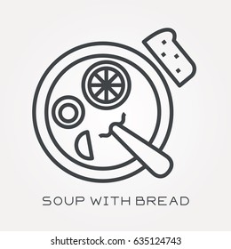 Line icon soup with bread