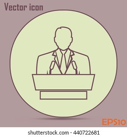 Line icon- speaker icon. orator speaking from tribune.
