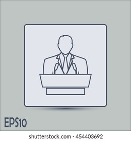Line icon- speaker icon. orator speaking from tribune.
