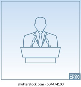 Line icon- speaker icon. orator speaking from tribune.