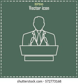 Line icon- speaker icon. orator speaking from tribune.