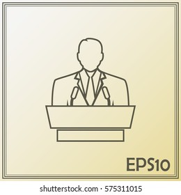 Line icon- speaker icon. orator speaking from tribune.