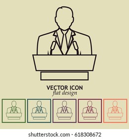 Line icon- speaker icon. orator speaking from tribune.