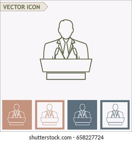Line icon- speaker icon. orator speaking from tribune.