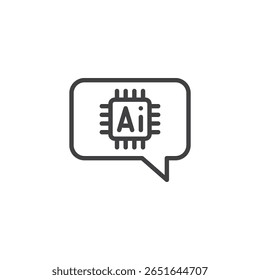 Line icon of speech bubble with AI language text. Outline vector icon symbolizing AI-powered language translation and communication. Smart tech icon design.