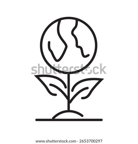 Line icon of a sprout growing with a globe, symbolizing global environmental growth and ecological harmony. Editable stroke. vector illustration