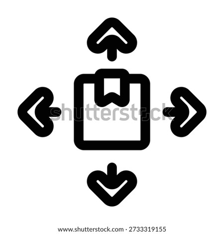 Line icon of a square package box with four arrows pointing outward in the cardinal directions (up, down, left, right). This directional symbol represents global shipping, export and import, worldwide distribution, and logistics expansion.