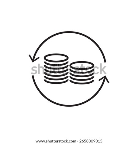 Line icon of stacked coins inside a circular arrow. Represents refinancing, revolving credit, loan restructuring, or financial cycle.