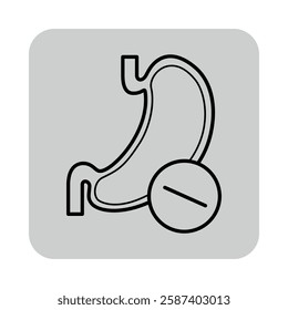 Line icon of stomach alongside medication symbol. Relationship between digestive health and medication concept