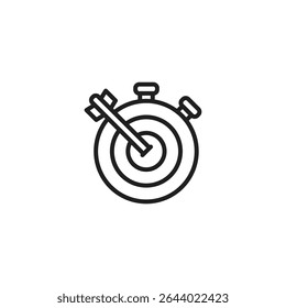 Line icon of a stopwatch merged with a bullseye and arrow, symbolizing time-bound goals, deadline-driven precision, and efficient achievement of objectives.