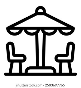 Line icon of a street cafe table with two chairs and a large umbrella for protection from the sun