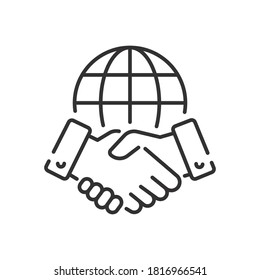 Line Icon Style Business Agreement. Hand Shake With Globe For Deal Contract, International Partnership, Global Business Teamwork. Simple Outline Vector Illustration. Design On White Background. EPS 10