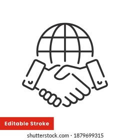 Line Icon Style Business Agreement. Hand Shake With Globe For Deal Contract, International Partnership, Global Business Teamwork. Simple Outline Vector Illustration. Editable Stroke EPS 10