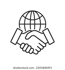 Line icon style business agreement. Hand shake with globe for deal contract, International partnership, Global business teamwork. Simple outline Vector illustration. Design on White background. EPS 10