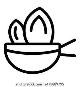 Line icon style illustration of a bowl of rice with chopsticks and leaves representing japanese food