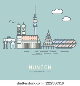 Line Icon style Munich cityscape and landmarks flat vector illustration