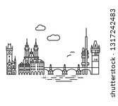 Line Icon style Prague cityscape and landmarks flat vector illustration