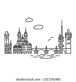 Line Icon style Prague city scape und landmarks flache Vektorgrafik