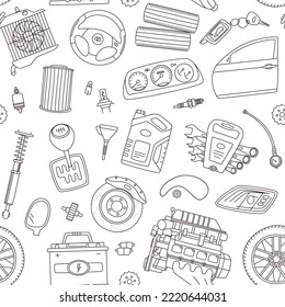 Line icon style seamless vector pattern background of car spare parts. Black vehicle details and accessories.