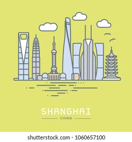 Line Icon style Shanghai city flat vector illustration