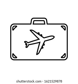 Line icon of suitcase for air travel. Travel bag, baggage or luggage with airplane. Vector Illustration