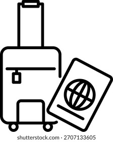 Ícone de linha de uma mala com passaporte e bilhete de avião, simbolizando a documentação de viagem.