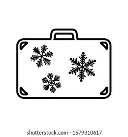 Line icon of suitcase for winter holidays. Travel bag, baggage or luggage with snowflakes. Vector Illustration