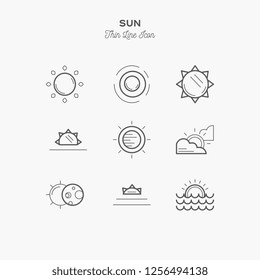 Line Icon of Sun, Sunrise, Sunset Isolated Object. Line icons set. 