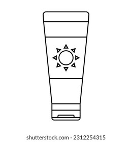 Line icon sunscreen cream isolated on white background. Concept of summer holiday on beach. Vector illustration.