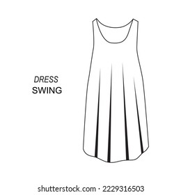 Icono de línea Swing Dress Vector de iluminación. Esquema Vestido sin manchas Icono de vector lineal aislado en fondo blanco. Vestido lineal simple para el verano. Silhouette moderna de vestir de mujer