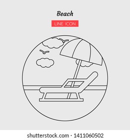 line icon symbol, landscape scene concept, beach, chair, Isolated flat outline vector design 