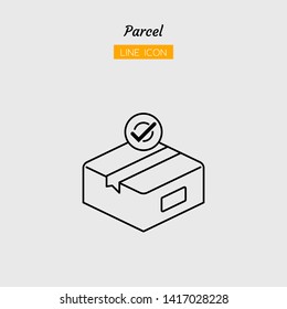 line icon symbol, parcel postal delivery logistics concept, box package shipping service, right check, Isolated flat outline vector design