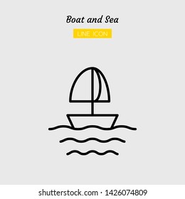 line icon symbol, sailboat and sea concept, Isolated flat outline vector design 