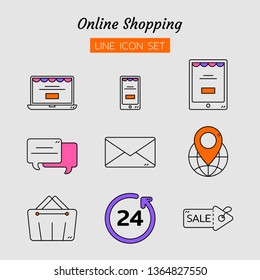 line icon symbol set, application online shopping store marketplace concept, basket, computer, phone, chat, mail, global, cart, 24 hours, sale, Isolated flat outline vector design