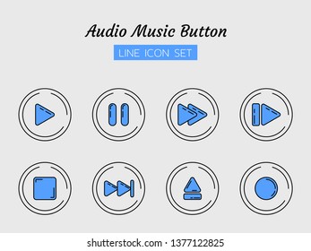 line icon symbol set, audio video music control circle buttons concept, digital multimedia, play, pause, stop and more, Isolated flat outline vector design
