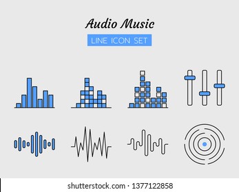 line icon symbol set, audio music equalizer soundwave style concept, digital multimedia, Isolated flat outline vector design