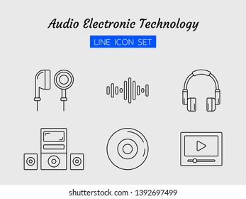 line icon symbol set, audio electronic technology concept, headphones, earphones, wave, cd, stereo, play, Isolated flat outline vector design 