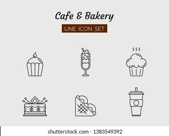 line icon symbol set, bakery coffee cafe concept, sweet and beverage, cake, cupcake, sandwich, muffin, ice cream, Isolated flat outline vector design