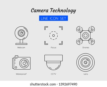 line icon symbol set, camera innovation technology concept, webcam, waterproof, drone, lens, cctv, focus frame, Isolated flat outline vector design 