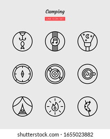 line icon symbol set, camping trips concept, backpacking, activity circle, adventure, Isolated flat outline vector design