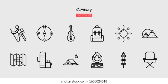 line icon symbol set, camping trips concept, backpacking, activity, adventure, Isolated flat outline vector design