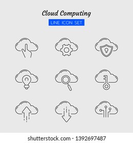 line icon symbol set, cloud computing network concept, digital technology, sharing, transfer, upload, download, safety, Isolated flat outline vector design