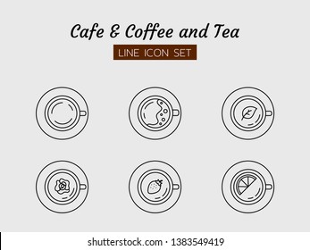 Line Icon Symbol Set, Coffee And Tea Cafe Top View Concept, Drink Beverage, Lemon, Strawberry, Rose, Isolated Flat Outline Vector Design