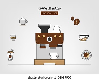 line icon symbol set, coffee machine concept, plastic paper cup, bean, kettle, Isolated flat outline vector design