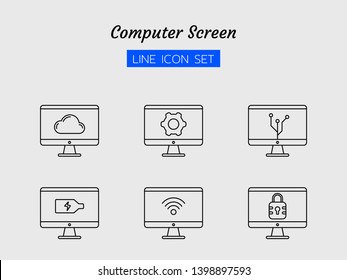 line icon symbol set, computer screen concept, digital technology, network, cloud, data, security, wireless, battery, Isolated flat outline vector design