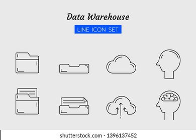 line icon symbol set, data warehouse storage concept, digital technology, folder, cloud, brain, Isolated flat outline vector design